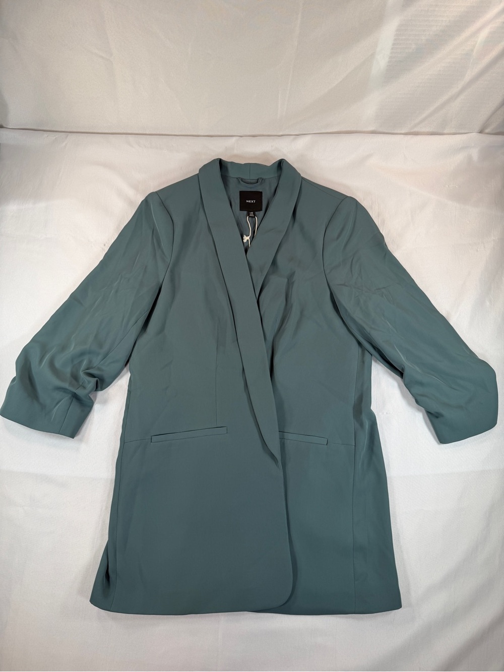 NEXT NWT Longline Blazer US 14 Tall Sage Green Ruched Sleeve Shawl Collar